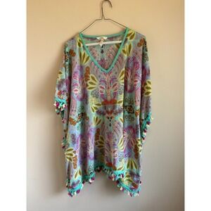 Matilda Jane Womens Paisley Tassel Kaftan Top Blue Pink Cotton V-Neck Medium